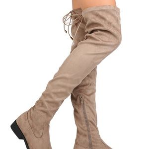 Faux seude thigh high boots in Taupe